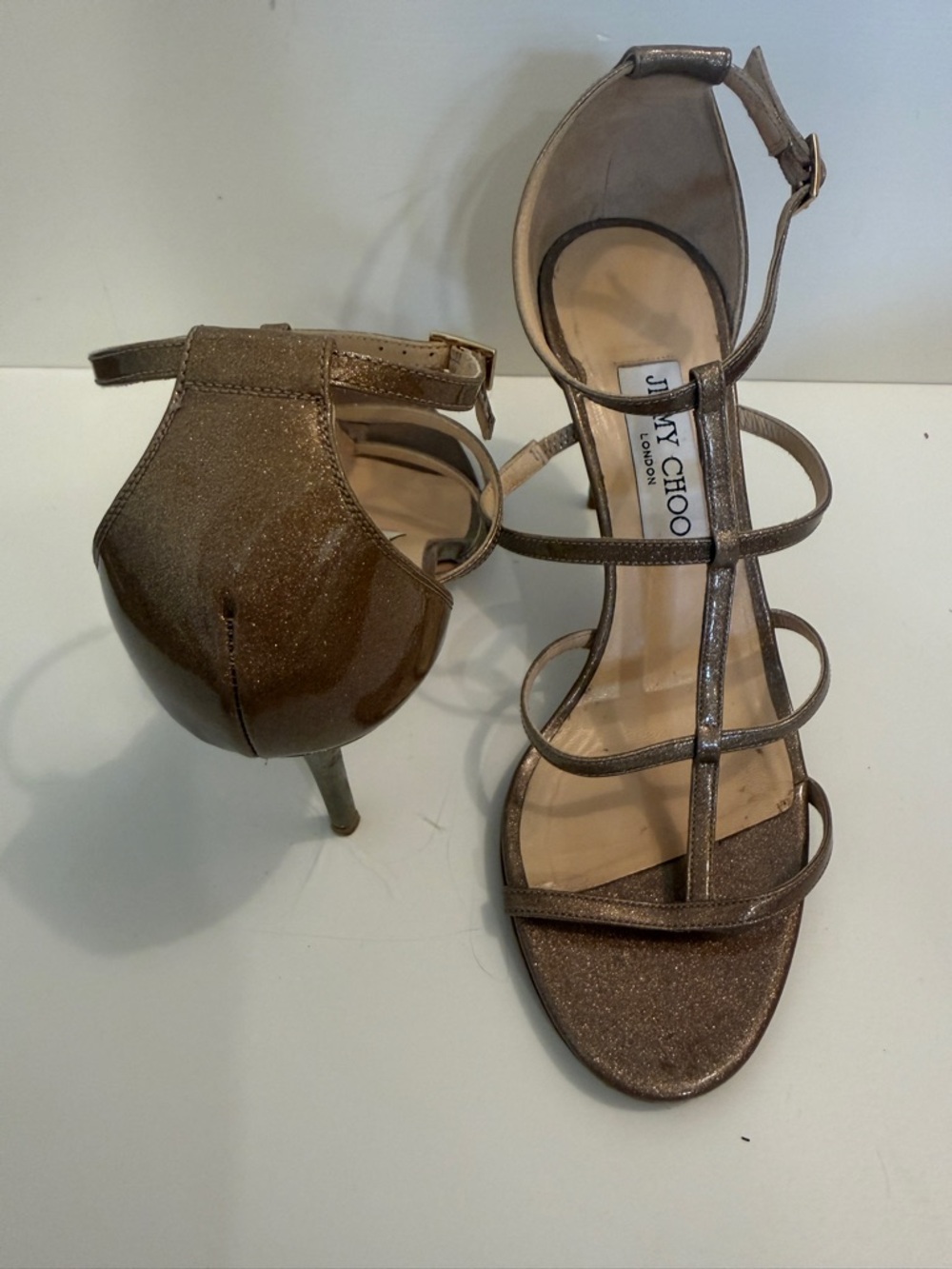 Jimmy Choo Bronze Glitter Strappy Stiletto Sandals Ankle Strap Multi Cage Style